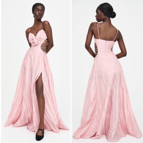 For Love & Lemons Gwenyth Rosette Lace Up Side Cutout Pink Maxi Gown Size Medium - Picture 5 of 12